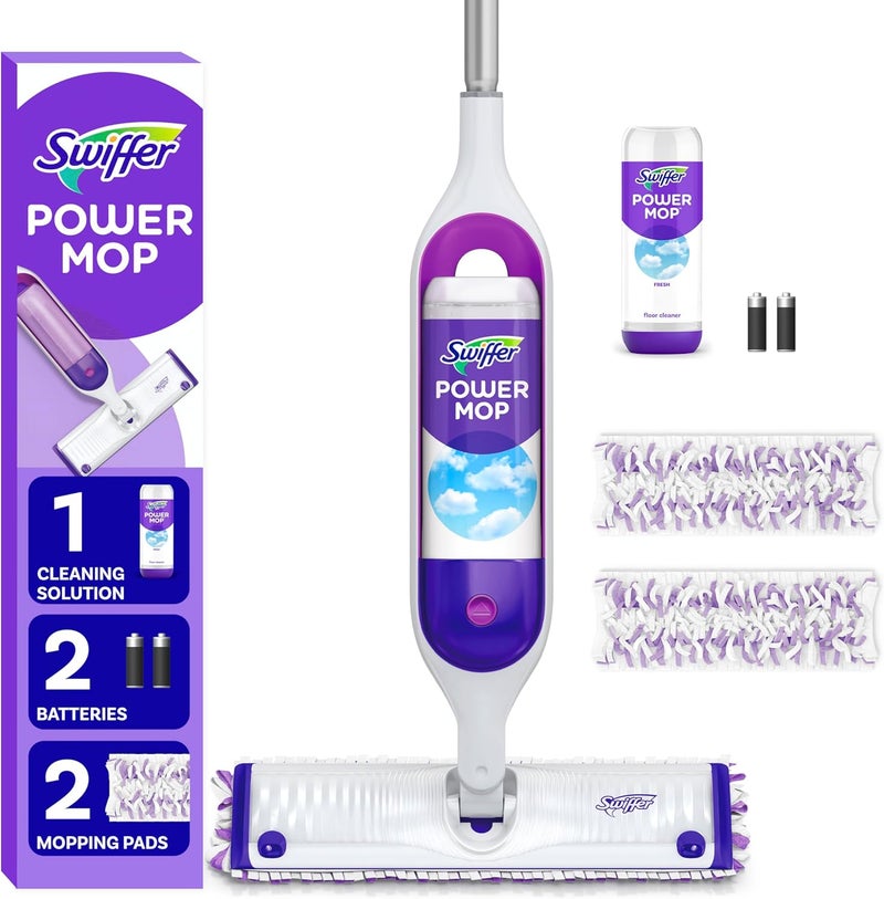 Swiffer مجموعة ممسحة متعددة الأسطح PowerMop لتنظيف الأرضيات، تشمل ممسحة PowerMop، 2 قطع إضافية من وسادة المسح، 1 محلول تنظيف برائحة منعشة و 2 بطاريات - Image 1